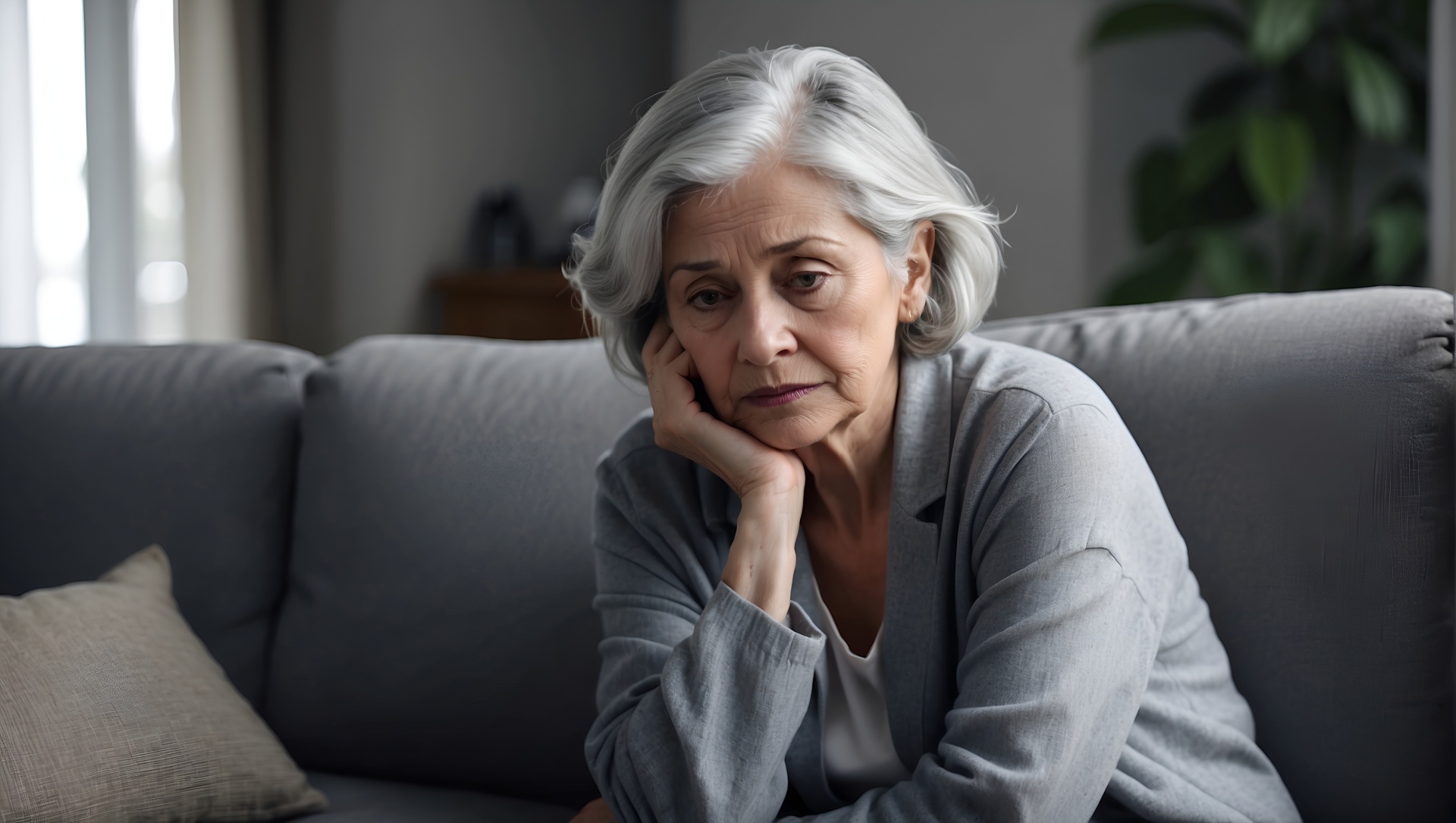 Woman with her head in her hand, she is sad.